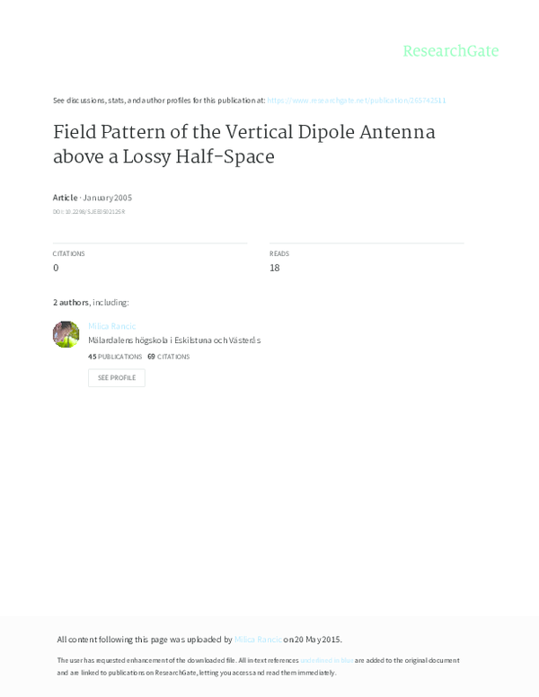 (PDF) Field pattern of the vertical dipole antenna above a Lossy half-space