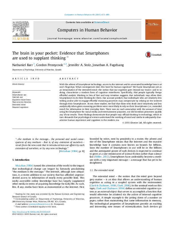 (PDF) The brain in your pocket: Evidence that Smartphones are used to ...