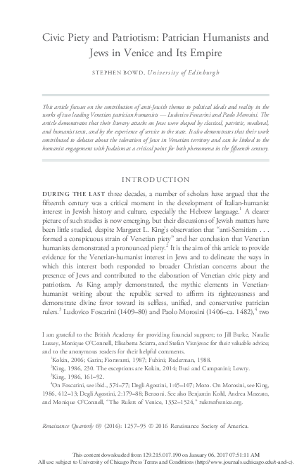 Civic Piety and Patriotism: Patrician Humanists and Jews in Venice and Its Empire