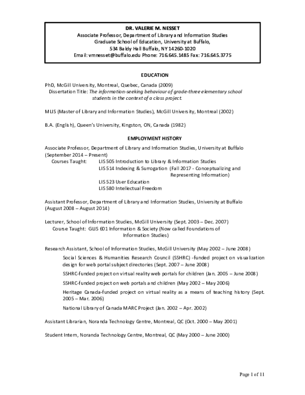 (PDF) Nesset Curriculum Vitae January 2017 Valerie Nesset Academia.edu