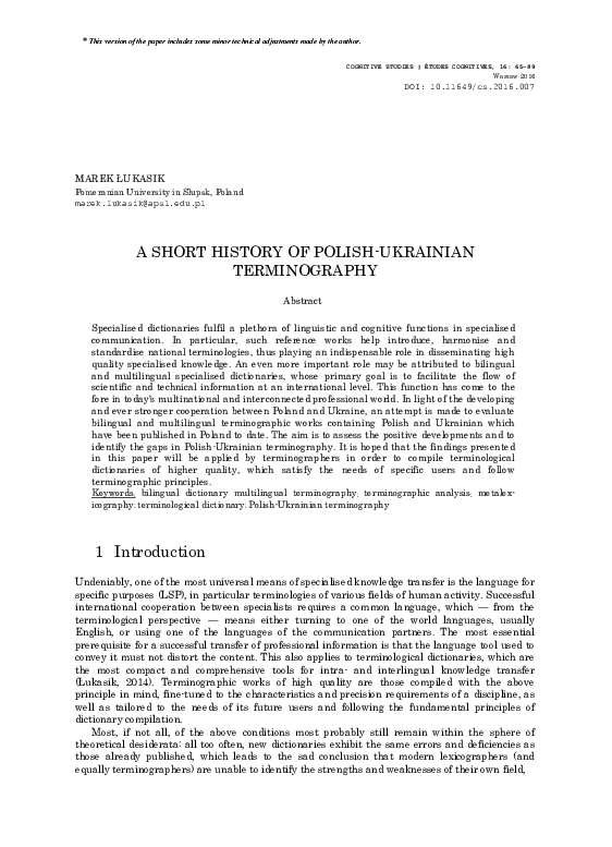 (PDF) A Short History of Polish-Ukrainian Terminography