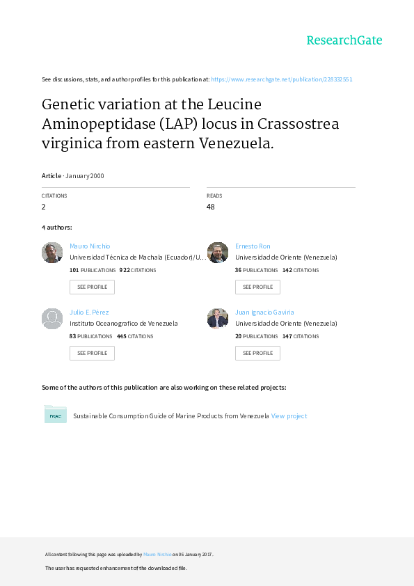 Genetic variation at the leucine aminopeptidase (LAP) locus in Crassostrea virginica from eastern Venezuela