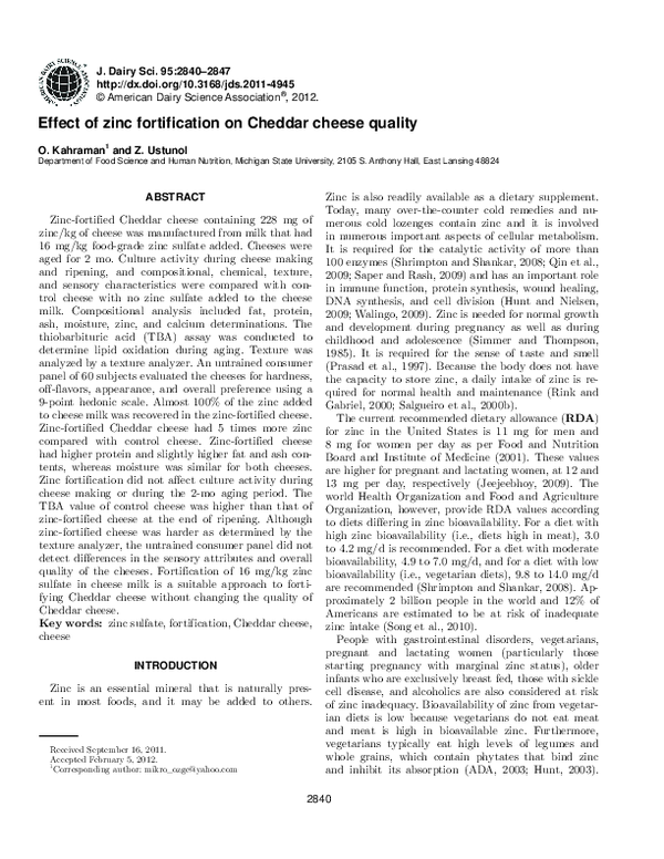 (PDF) Effect of zinc fortification on Cheddar cheese quality Z