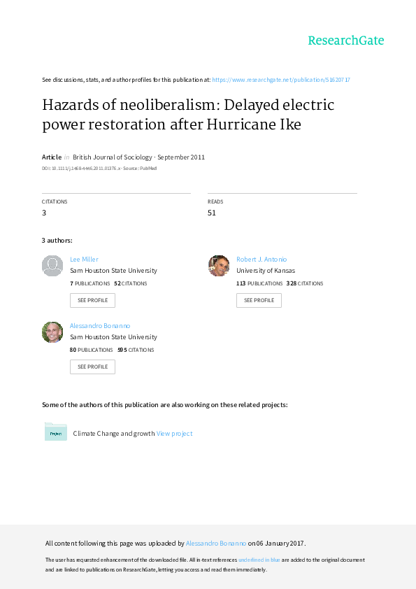 Hazards of neoliberalism: delayed electric power restoration after Hurricane Ike1