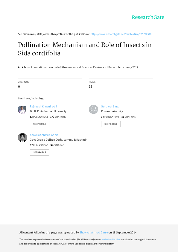 (PDF) Pollination Mechanism and Role of Insects in Sida cordifolia