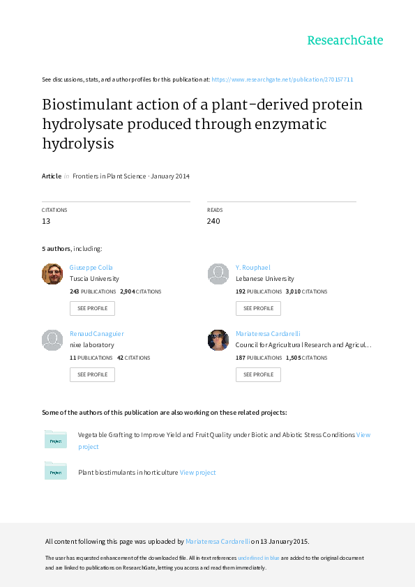 (PDF) Biostimulant action of a plantderived protein hydrolysate