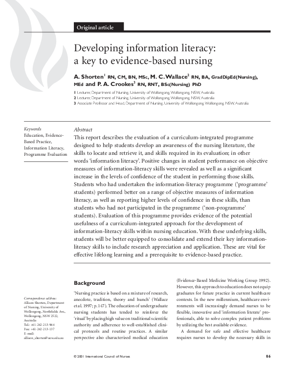 (PDF) Developing information literacy: a key to evidence-based nursing