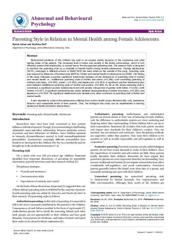 (PDF) Parenting Style in Relation to Mental Health among Female Adolescents