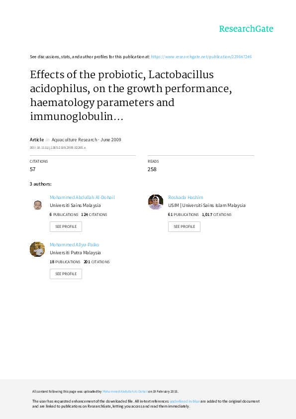 (PDF) Effects of the probiotic, Lactobacillus acidophilus, on the