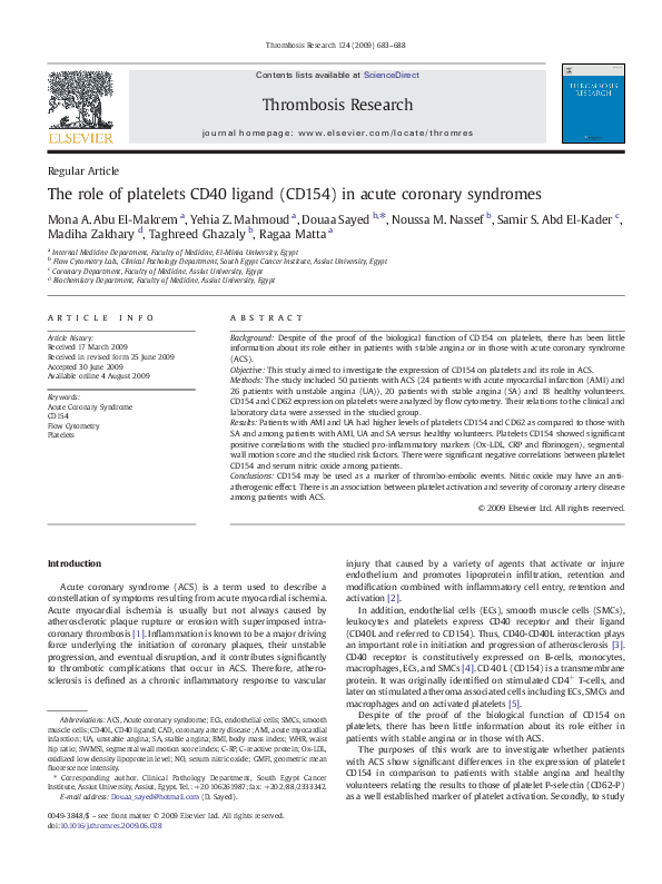 (PDF) The role of platelets CD40 ligand (CD154) in acute coronary syndromes