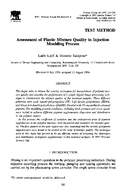 Assessment of plastic mixture quality in injection moulding process