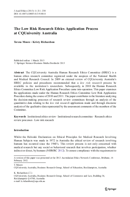 (PDF) The Low Risk Research Ethics Application Process at CQUniversity ...