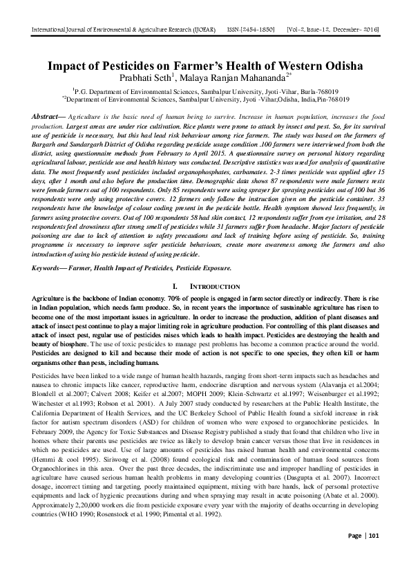 (PDF) Impact of Pesticides on Farmer's Health of Western Odisha