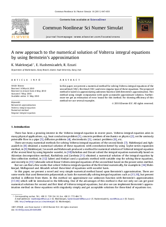 (PDF) A new approach to the numerical solution of Volterra integral ...