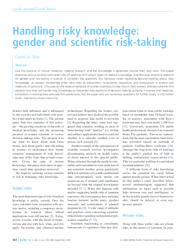 (PDF) Handling Risky Knowledge: Gender and Scientific Risk-taking