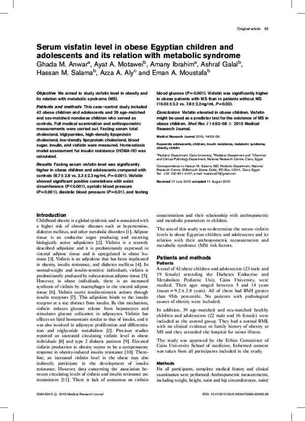 (PDF) Serum visfatin level in obese Egyptian children and adolescents ...