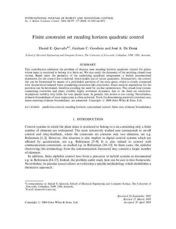 (PDF) Finite constraint set receding horizon quadratic control