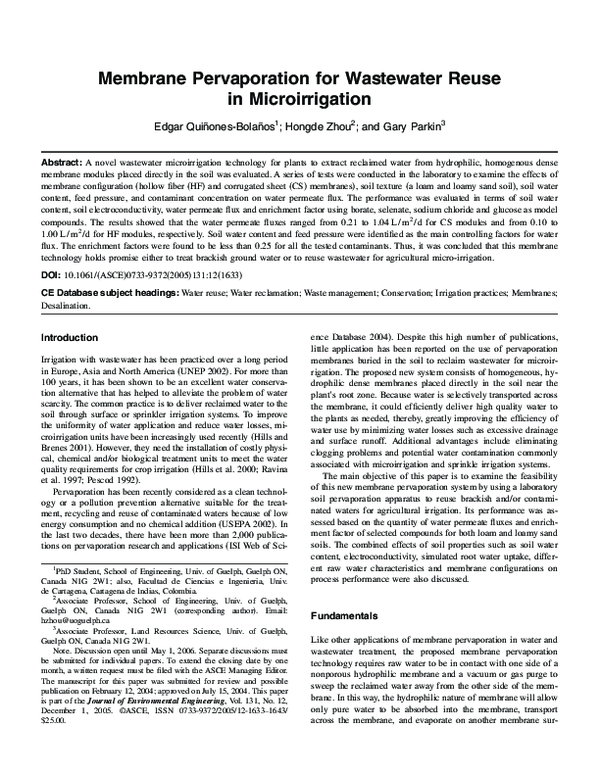 (PDF) Membrane Pervaporation for Wastewater Reuse In Microirrigation