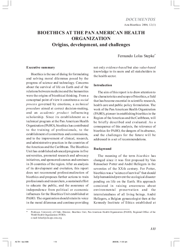 (PDF) Bioethics at the Pan American Health Organization: origins ...