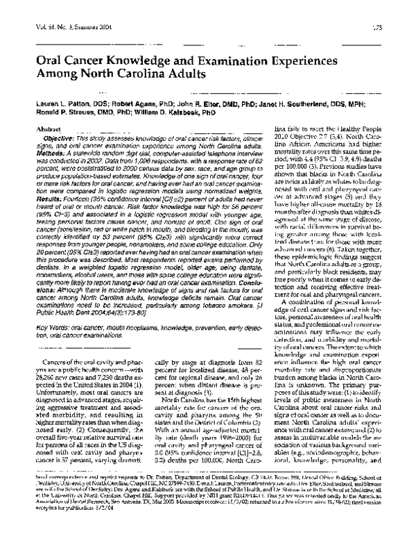 (PDF) Oral Cancer Knowledge and Examination Experiences Among North ...