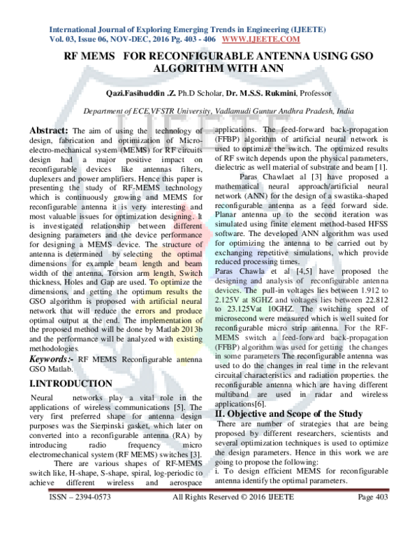 (PDF) RF MEMS FOR RECONFIGURABLE ANTENNA USING GSO ALGORITHM WITH ANN