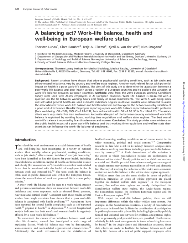 (PDF) A balancing act? Work-life balance, health and well-being in ...