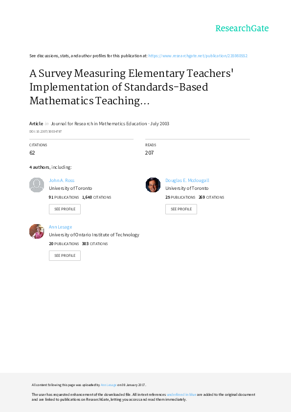 (PDF) A survey measuring elementary teachers' implementation of standardsbased mathematics