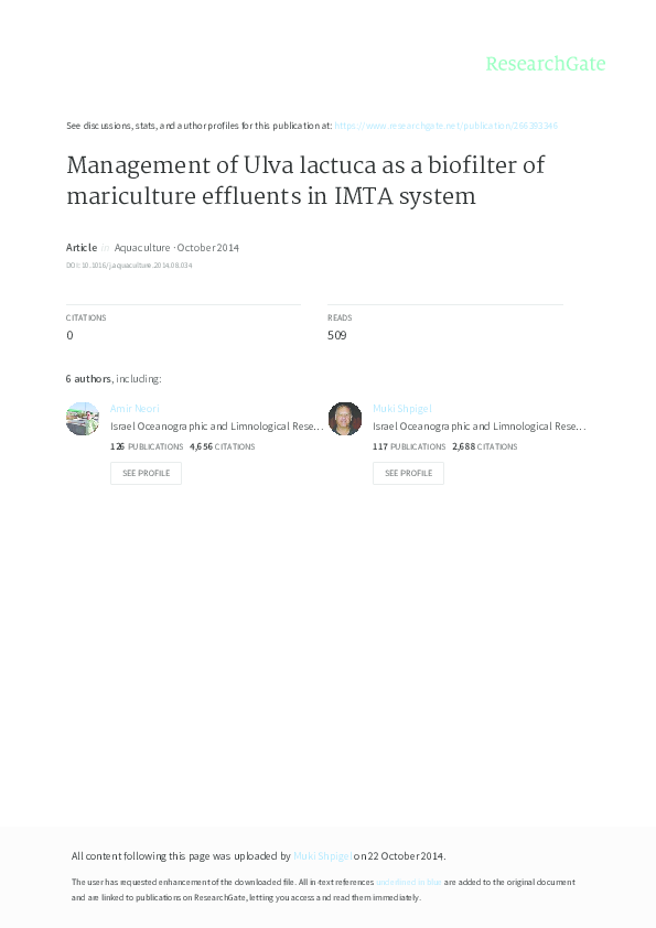 (PDF) Management of Ulva lactuca as a biofilter of mariculture ...