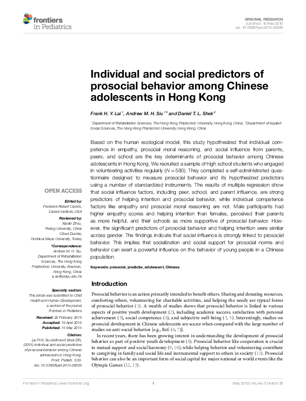 (PDF) Individual and social predictors of prosocial behavior among ...