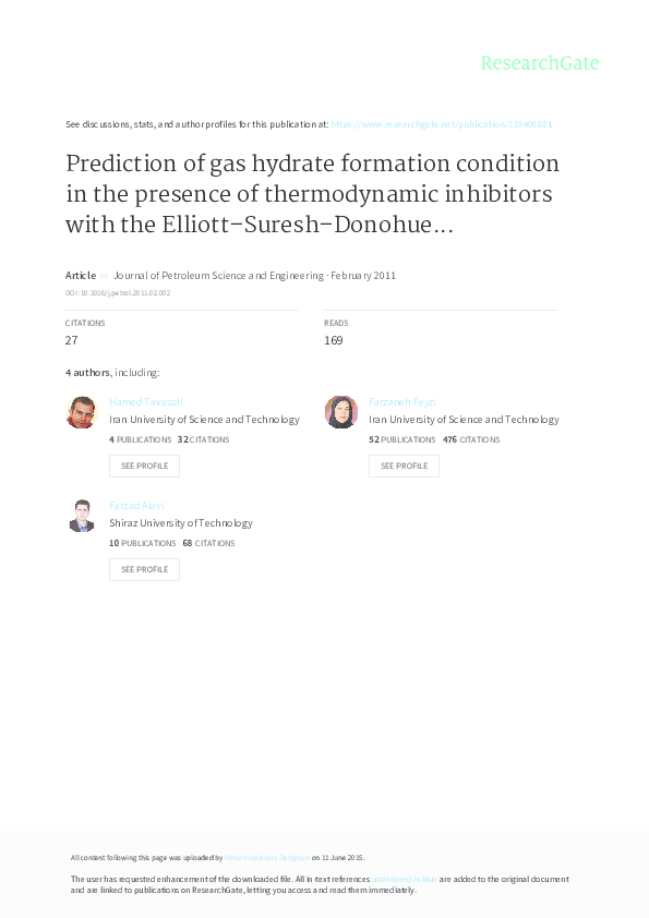 (PDF) Prediction of gas hydrate formation condition in the presence of ...