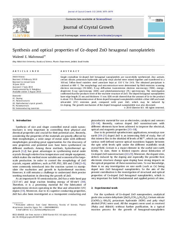 (PDF) Synthesis and optical properties of Ce doped ZnO hexagonal ...