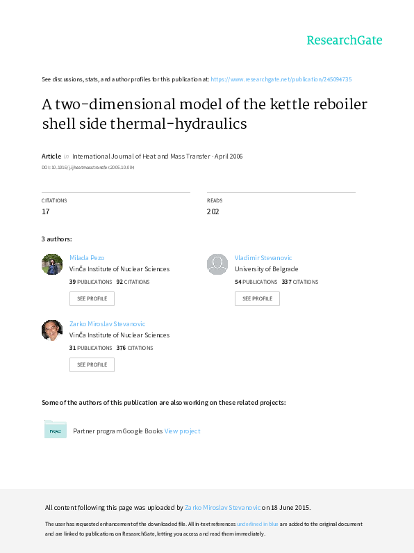 (PDF) A twodimensional model of the kettle reboiler shell side thermalhydraulics Vladimir