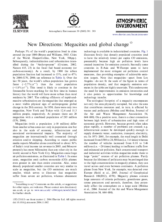 (PDF) New Directions: Megacities and global change