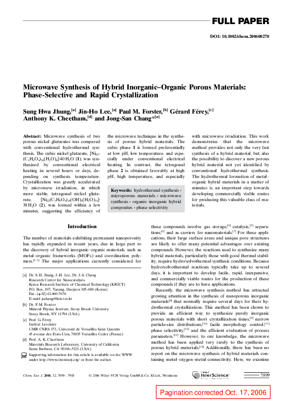 (PDF) Microwave Synthesis of Hybrid Inorganic–Organic Porous Materials ...