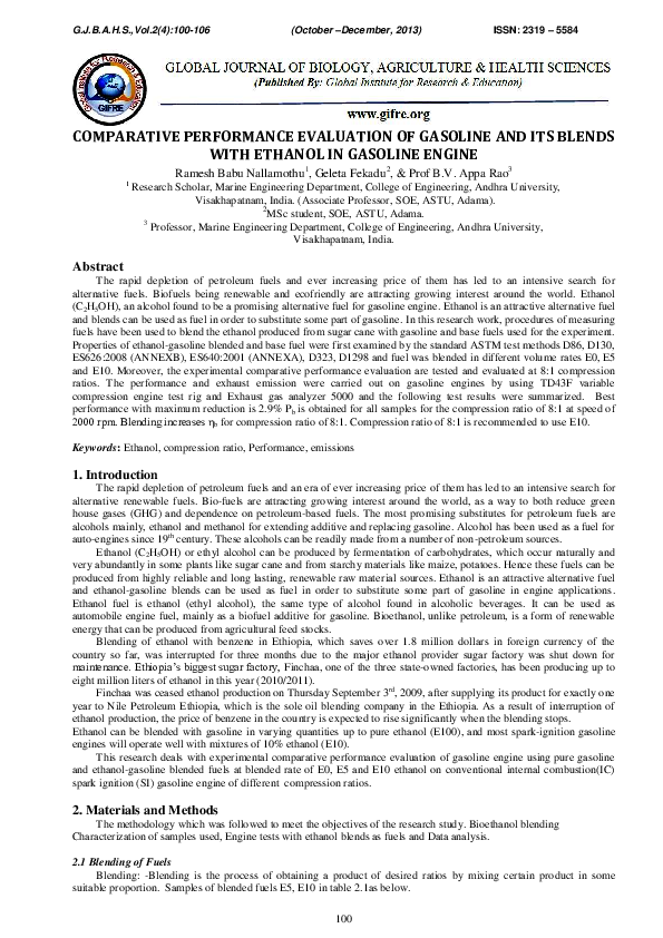 (PDF) COMPARATIVE PERFORMANCE EVALUATION OF GASOLINE AND ITS BLENDS ...