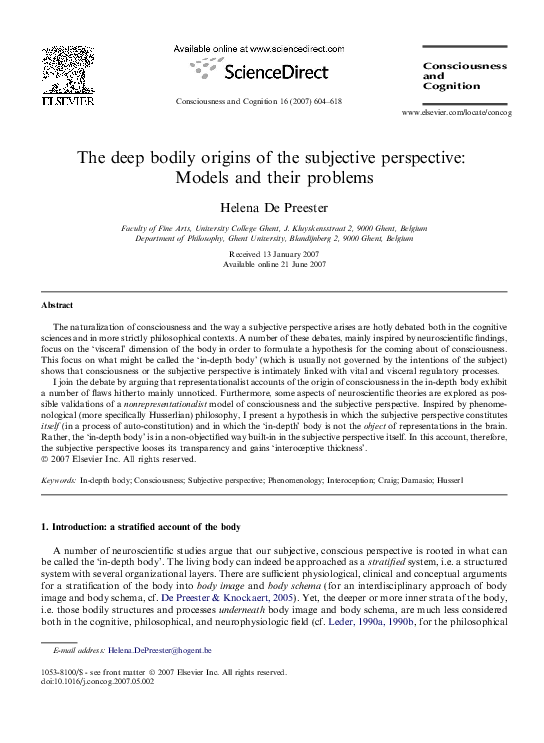 (PDF) The deep bodily origins of the subjective perspective: Models and ...