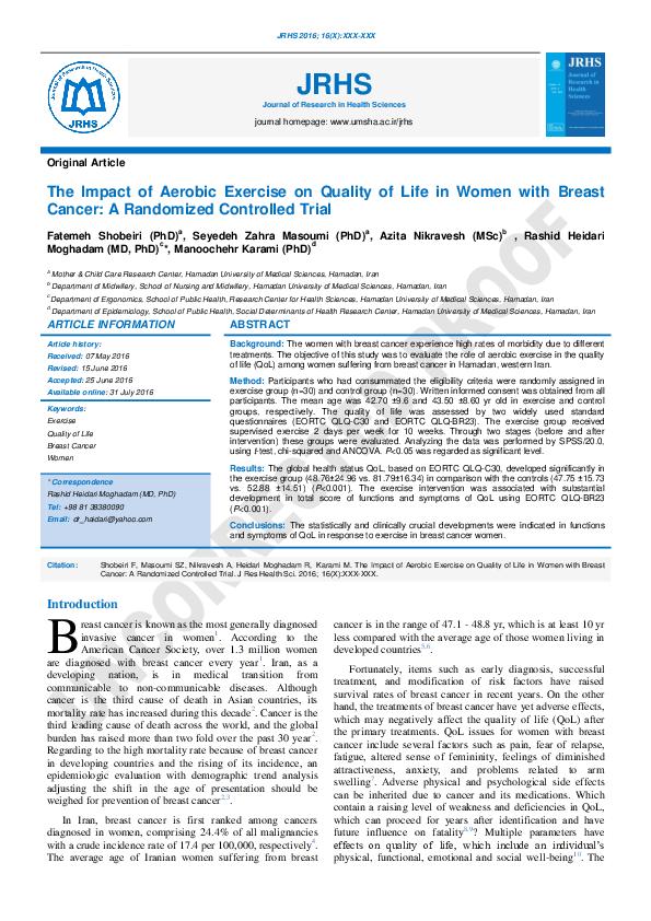 (PDF) The Impact of Aerobic Exercise on Quality of Life in Women with ...