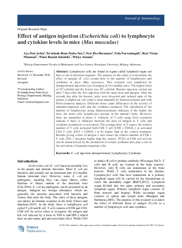 (PDF) Effect of antigen injection (Escherichia coli) to lymphocyte and ...