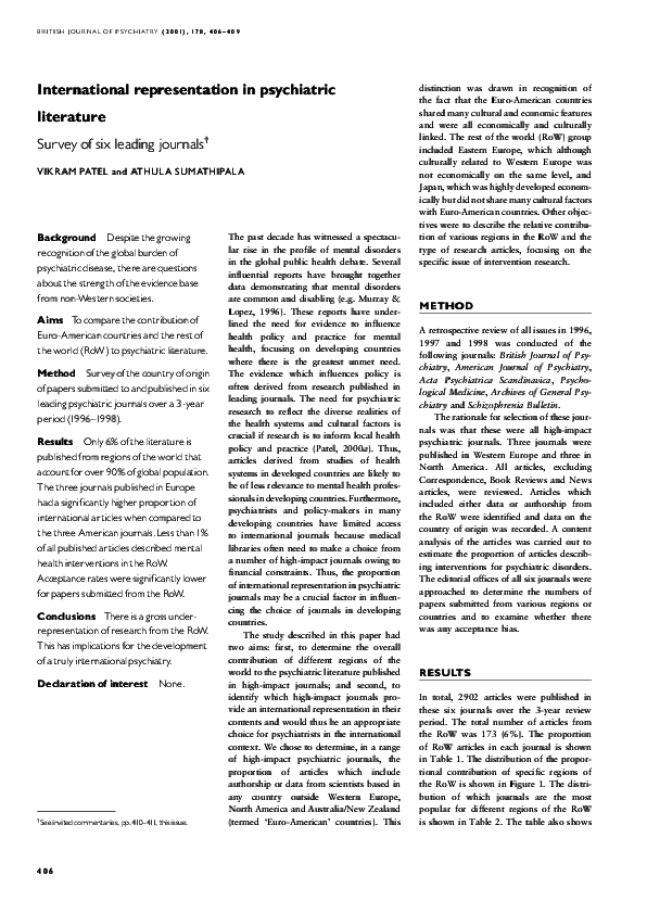 (PDF) International representation in psychiatric literature survey of