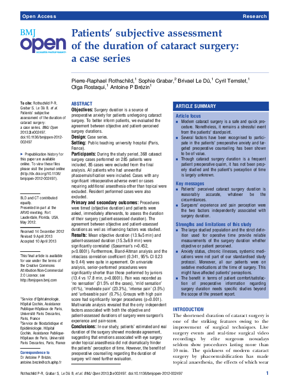 (PDF) Patients' subjective assessment of the duration of cataract surgery a case series O