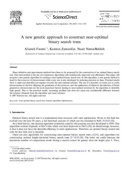 (PDF) A new genetic approach to construct near-optimal binary search trees