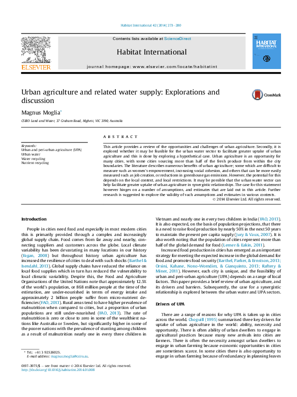 (PDF) Urban agriculture and related water supply: Explorations and ...