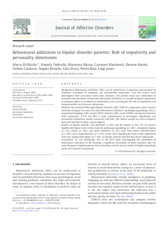 (PDF) Behavioural addictions in bipolar disorder patients: Role of ...