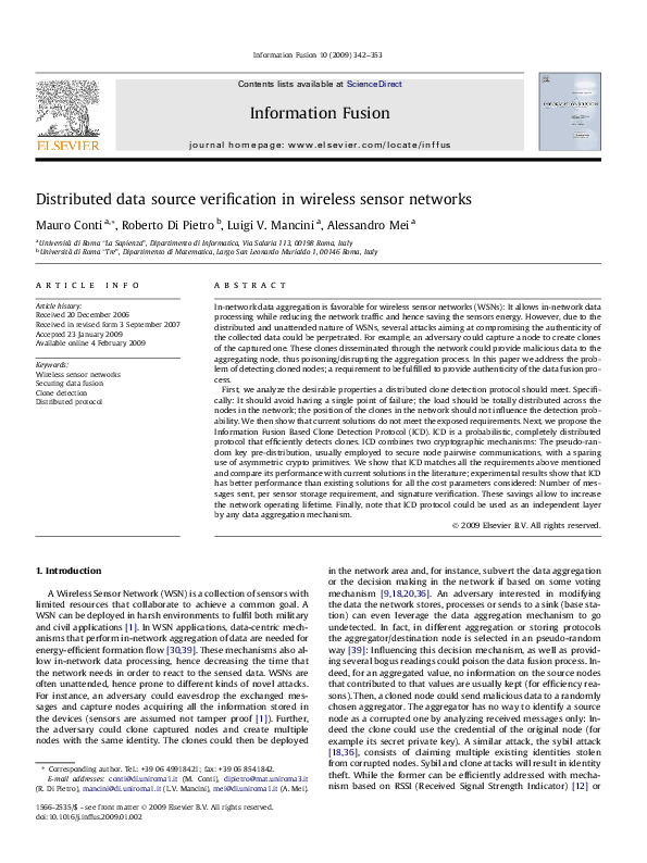 (PDF) Distributed data source verification in wireless sensor networks