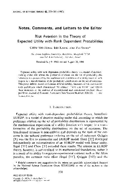 (PDF) Risk aversion in the theory of expected utility with rank ...