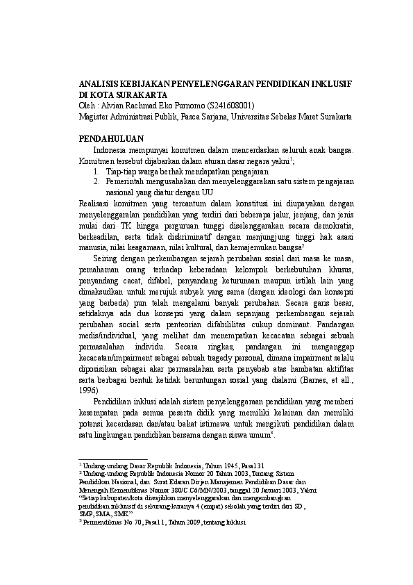 Analisis Kebijakan Penyelenggaran Pendidikan Inklusif Di Kota Surakarta