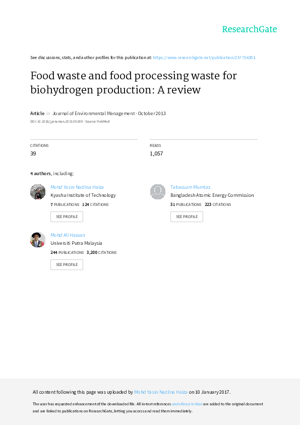 (PDF) Food waste and food processing waste for biohydrogen production