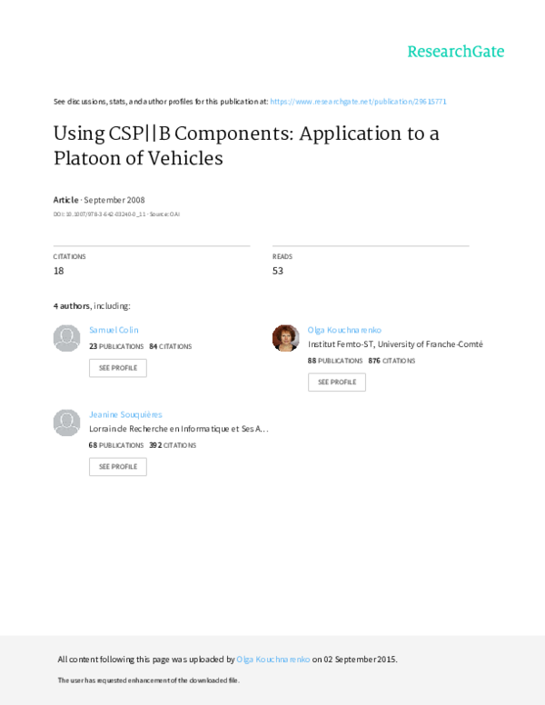 (PDF) Using CSP||B Components: Application to a Platoon of Vehicles