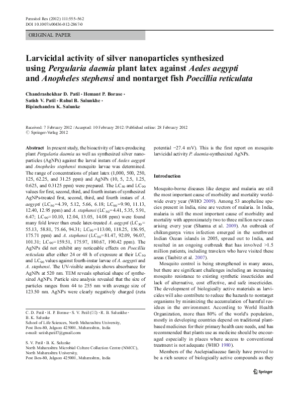(PDF) Larvicidal activity of silver nanoparticles synthesized using ...