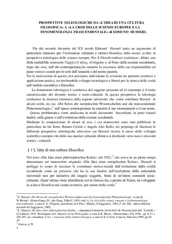 (PDF) PROSPETTIVE TELEOLOGICHE DA «L'IDEA DI UNA CULTURA FILOSOFICA» A